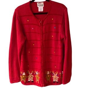 Quacker Factory Cotton/Acrylic Zip Front Reindeer Sweater, Sz Large